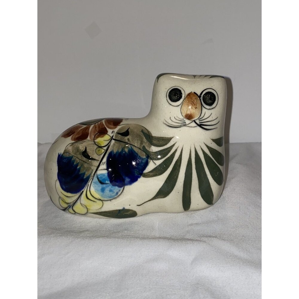 Tonala Style‎ Mexican Ceramic Cat Figurine Pottery Folk Art Hand Painted